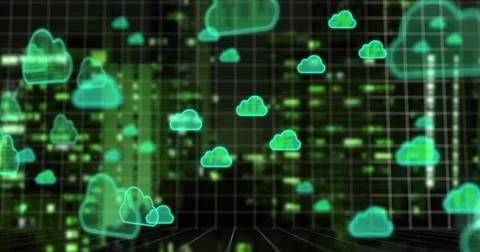 Image of cloud icons and data processing over cityscape Stock Photos