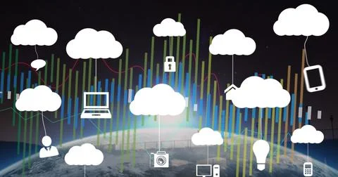 Image of cloud icons and data processing over globe on black background Foto stock