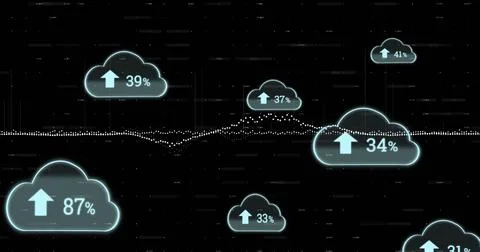 Image of cloud icons and data processing on black background Foto stock