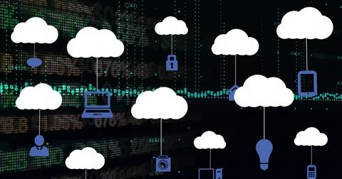 Image of cloud icons and data processing over stock market on black background Stock Photos