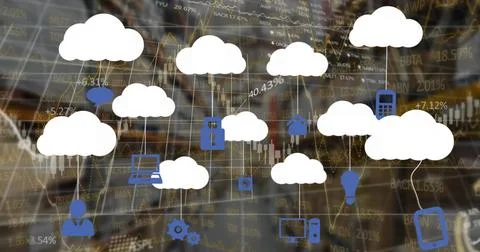 Image of cloud icons and data processing over warehouse Foto stock