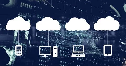 Image of cloud icons and data processing over world map on black background Fotos de archivo