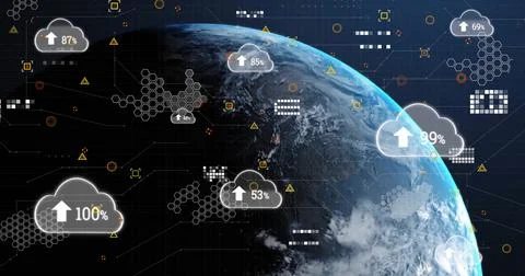 Image of cloud icons with arrow and data processing over globe Ilustración de archivo
