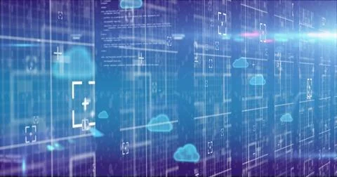 Image of cloud icons, data processing and connections over computer servers 库存照片