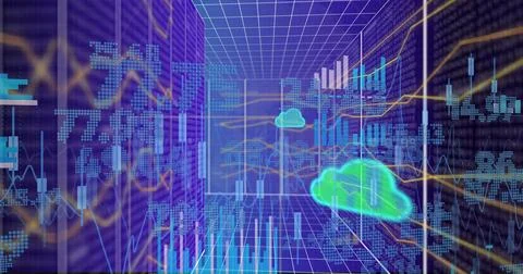 Image of cloud icons, data processing and connections over computer servers Stock Photos