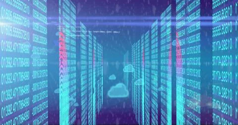 Image of cloud icons, data processing and connections over computer servers 库存照片