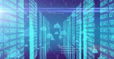 Image of cloud icons, data processing and connections over computer servers Stock Photos