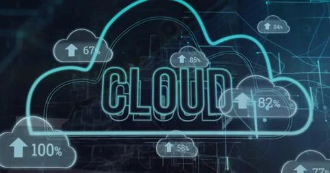 Image of cloud icons with data processing over cloud text with connections on Stock Photos