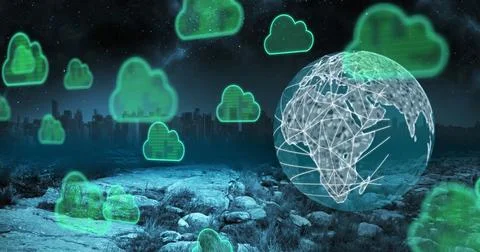 Image of cloud icons, globe and data processing over cityscape Stock Photos