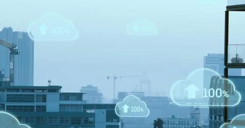 Image of cloud icons with growing numbers over cityscape Stock Photos