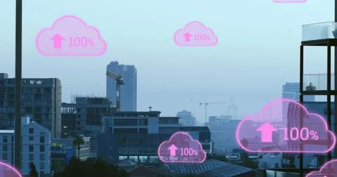 Image of cloud icons with growing numbers over cityscape Foto stock
