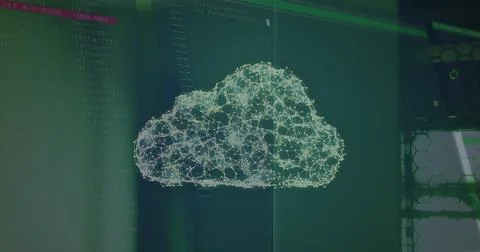 Image of cloud icons over data processing on dark background Foto stock
