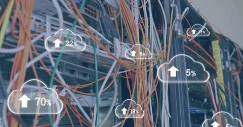 Image of cloud icons with percent, digital data processing over computer servers Stock Illustration