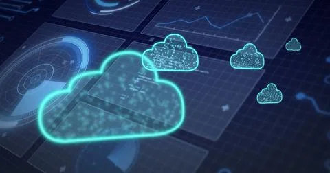 Image of cloud icons, scope scanning and data processing Stock Photos