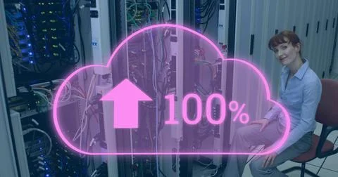 Image of cloud with increasing number over smiling caucasian woman sitting at Ilustración de archivo