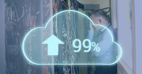 Image of cloud with increasing number over wires and servers Stock Photos