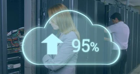 Image of cloud with increasing number over stressed caucasian woman standing at Stock Photos