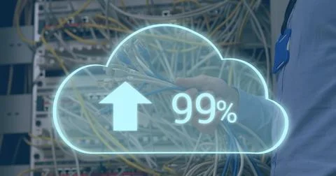 Image of cloud with increasing number over hands of caucasian man holding wires Stock Photos