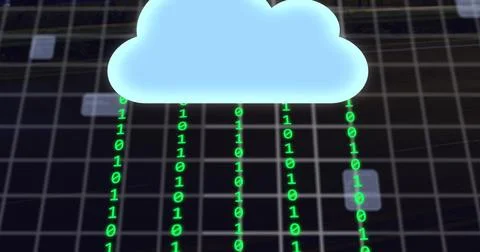 Image of cloud, network of globe on screen icons with binary coding over grid 库存照片