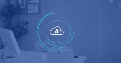 Image of cloud with padlock and financial data processing over office, copy Stock Photos