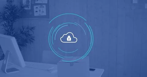 Image of cloud with padlock and financial data processing over office, copy Stockfoto's
