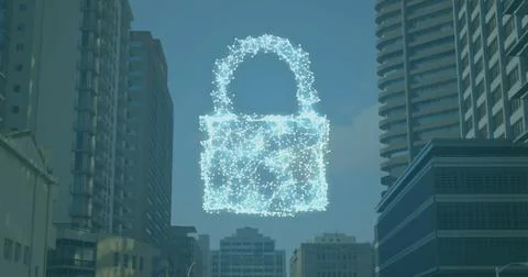 Image of cloud, padlock and shield icon over cityscape Stockfoto's