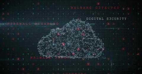 Image of cloud, padlock and shield icon and data processing on black background Stock Photos