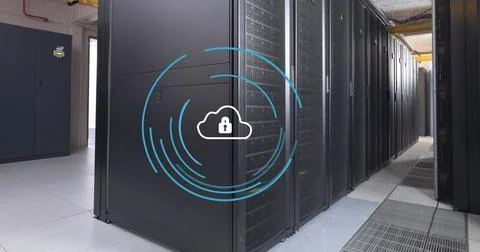 Image of cloud with padlock icon and circles over server room Stock Photos