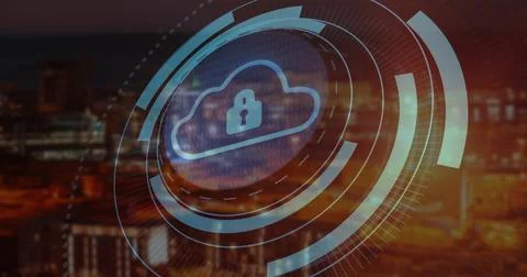 Image of cloud with padlock icon digital data processing over cityscape 스톡 일러스트