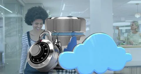 Image of cloud server security icon over african american female colleagues Foto stock