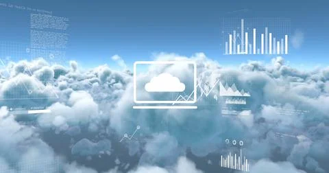 Image of cloud symbol, charts and data processing over blue cloudy sky Stockillustratie