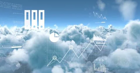 Image of cloud symbol, charts and data processing over blue cloudy sky Stockillustratie