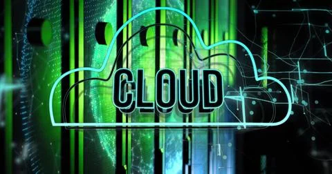 Image of cloud text and digital data processing over computer servers Illustrazione stock