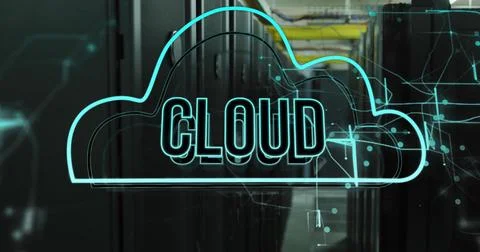 Image of cloud text and icons over computer servers Stock Photos