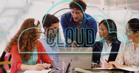 Image of cloud text banner and icon against diverse colleagues discussing t.. 스톡 사진