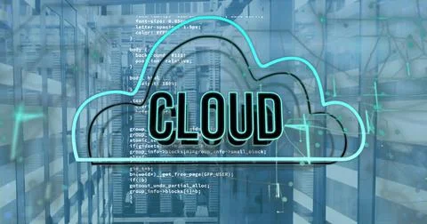 Image of cloud text banner and icon over data processing against computer server Stock Photos