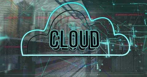 Image of cloud text in cloud and connected dots over modern buildings Stock Illustration