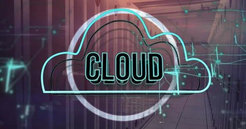Image of cloud text in cloud, circles and navigation pattern over server room Foto stock