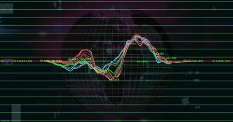 Image of cloud text in cloud, graphs with changing numbers over rotating glob 写真素材