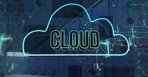 Image of cloud text in cloud over aerial view of motherboard in background Stock Illustration