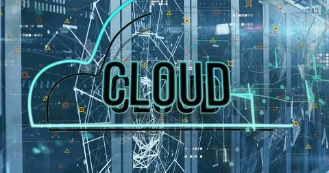 Image of cloud text in digital cloud over data processing and server room Stock Photos