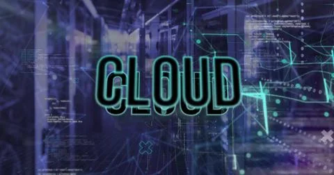 Image of cloud text over data processing and connections over computer servers Stock Photos