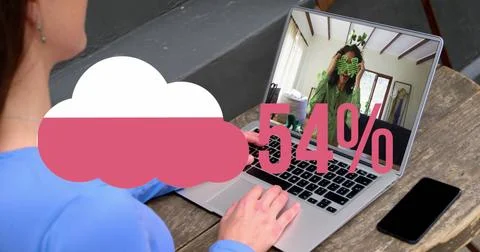 Image of cloud upload icon against rear view of woman having a image call on Stock Photos