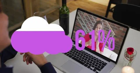 Image of cloud upload icon against rear view of man with drinks having a image 스톡 사진