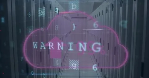 Image of cloud, warning text and data processing over computer servers in Stock Photos