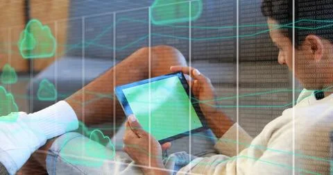 Image of clouds and data processing over biracial man using tablet Stock Illustration