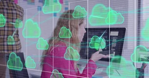 Image of clouds and data processing over caucasian businesswoman in office Stock Photos