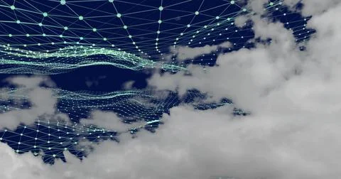Image of clouds and dots interconnecting with lines and forming triangles Stock Photos