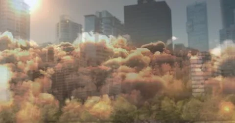 Image of clouds and glowing light trails moving over cityscape Stock Illustration