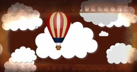 Image of clouds and hot air balloon over grey background Ilustração Stock